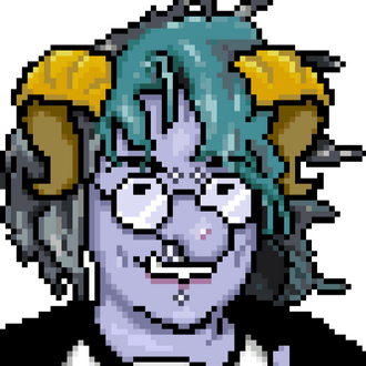 8bit art of a troll with yellow horns blue skin and piercings